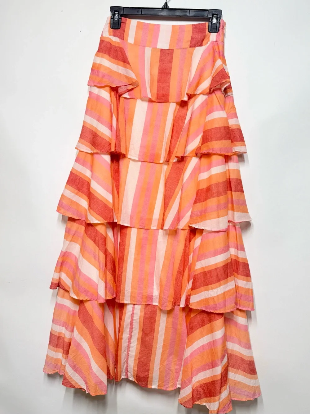 Shore Striped Tiered Maxi Skirt Coral Pink Orange Ruffle S NWOT